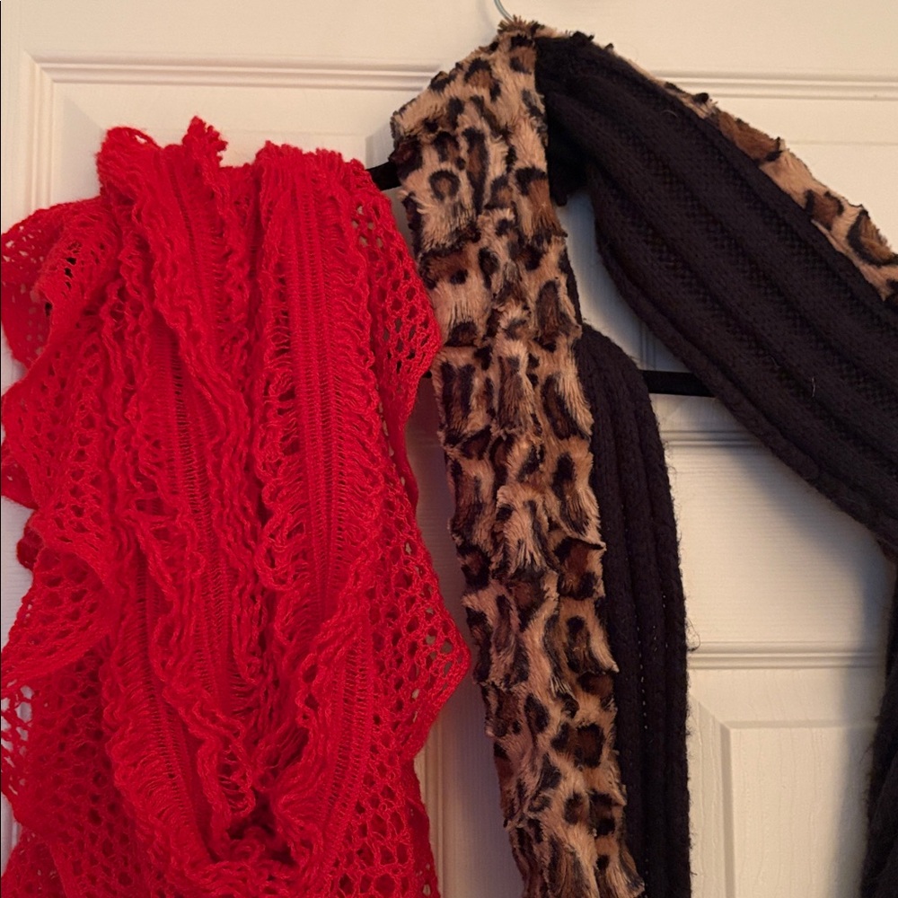 Woman's Red Infinity Scarf and animal print scarf